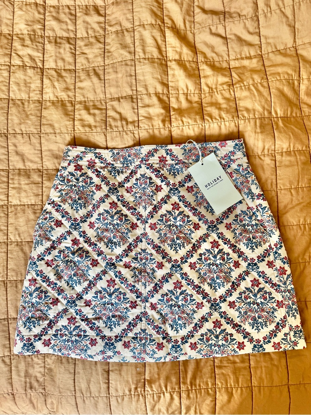 Sezane NWT Holiday Cream Navy Maroon Burgundy Quilted Floral Tile Print Skirt